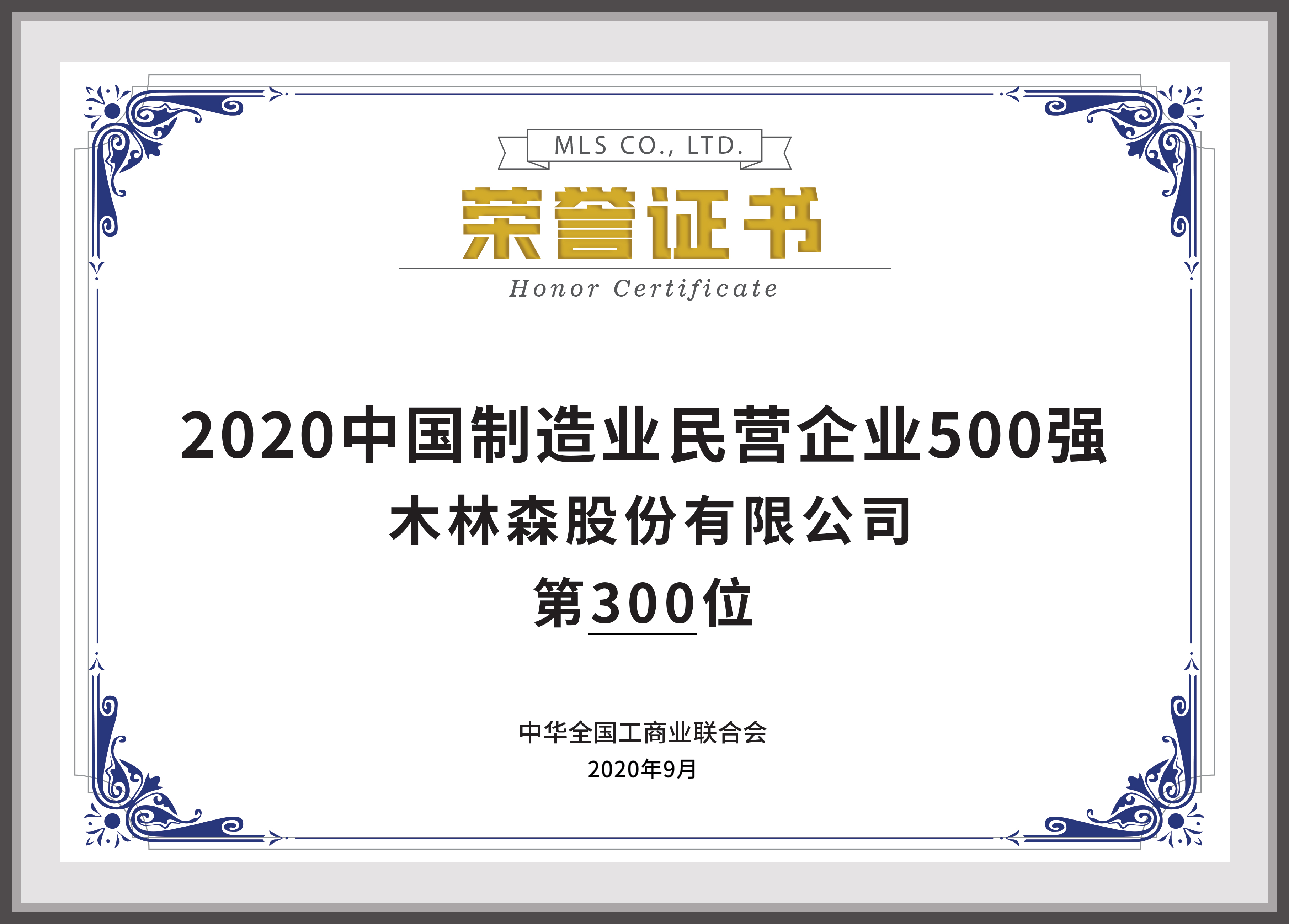 2020中国制造业500强民营企业500强第300位